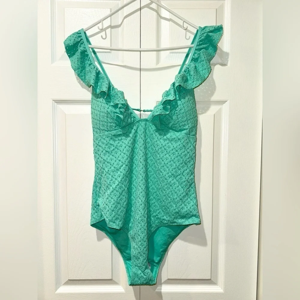 Betsy Johnson Ruffle Swimsuit. Biscay Green. Size Medium. NWT